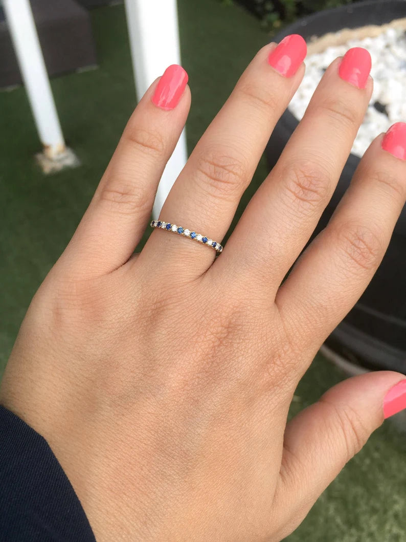 Diamond Blue Sapphire Eternity Ring/ 2mm Pave Alternating Infinity Ring/ Wedding Anniversary Band/ September April Birthstone Stacking Ring