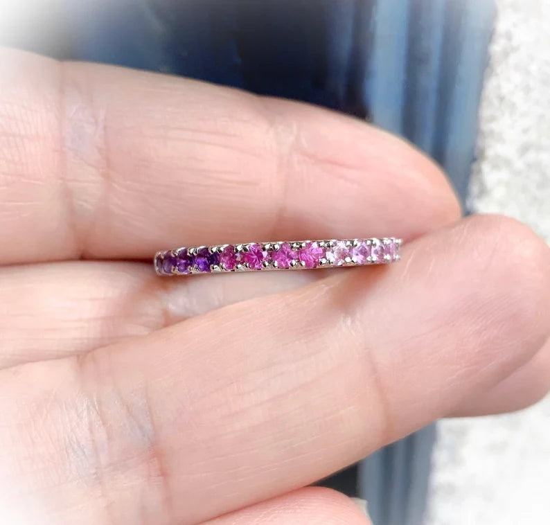 Purple Pink Ombre Ring/ Gradient Pink Sapphire Amethyst Pave Stacking Ring/ 2.3mm Half Eternity Unique Wedding Band/ 10K 14K 18K or Platinum