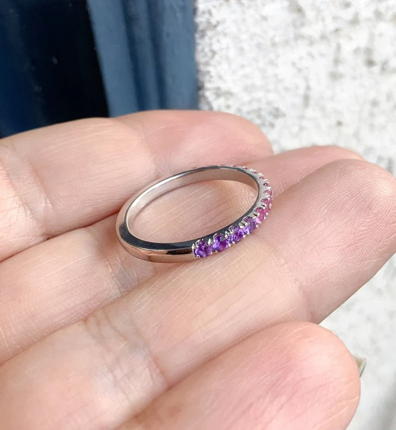 Purple Pink Ombre Ring/ Gradient Pink Sapphire Amethyst Pave Stacking Ring/ 2.3mm Half Eternity Unique Wedding Band/ 10K 14K 18K or Platinum