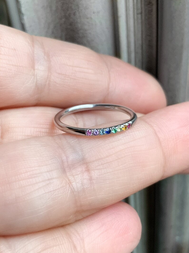 Rainbow Stacking Ring/ 1.5mm Mix Color Pave Band/ Thin Birthstone Family Ring/ Minimalist Pave Gemstone Midi Ring/ Rainbow Index, Thumb Ring