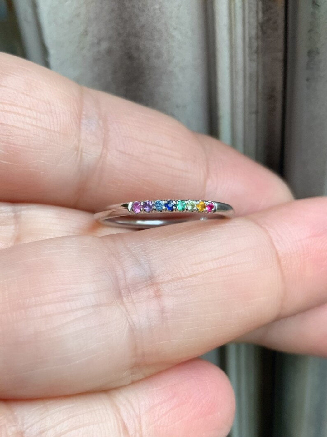 Rainbow Stacking Ring/ 1.5mm Mix Color Pave Band/ Thin Birthstone Family Ring/ Minimalist Pave Gemstone Midi Ring/ Rainbow Index, Thumb Ring