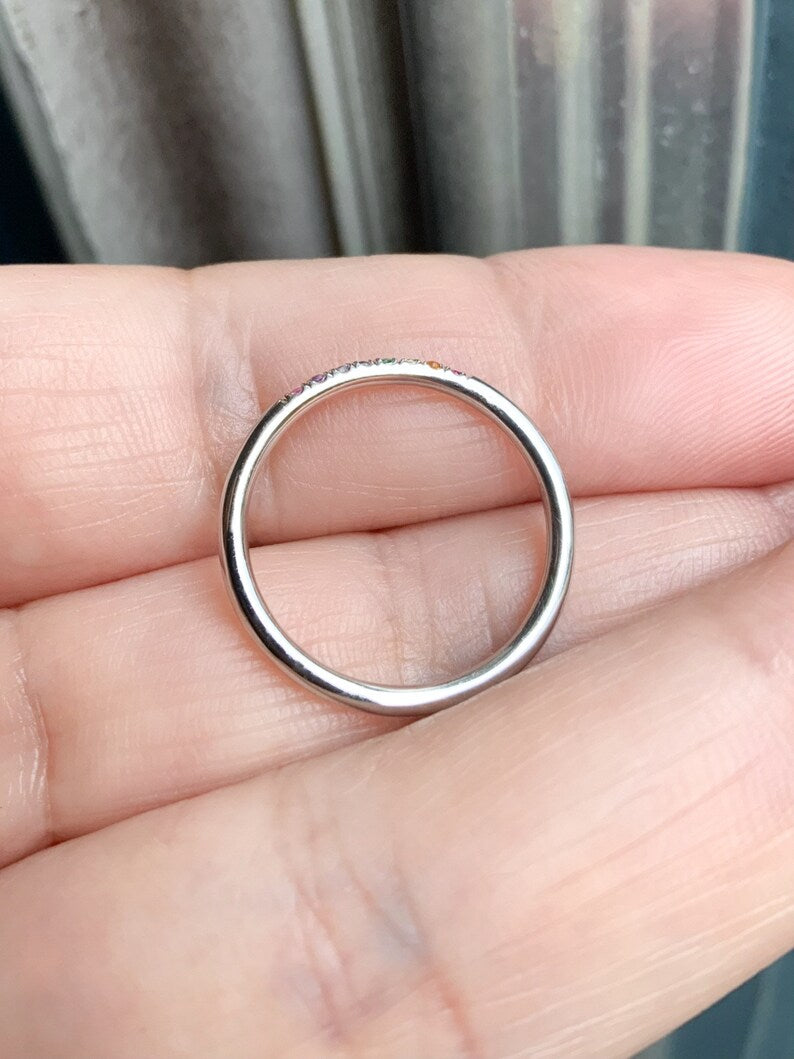 Rainbow Stacking Ring/ 1.5mm Mix Color Pave Band/ Thin Birthstone Family Ring/ Minimalist Pave Gemstone Midi Ring/ Rainbow Index, Thumb Ring