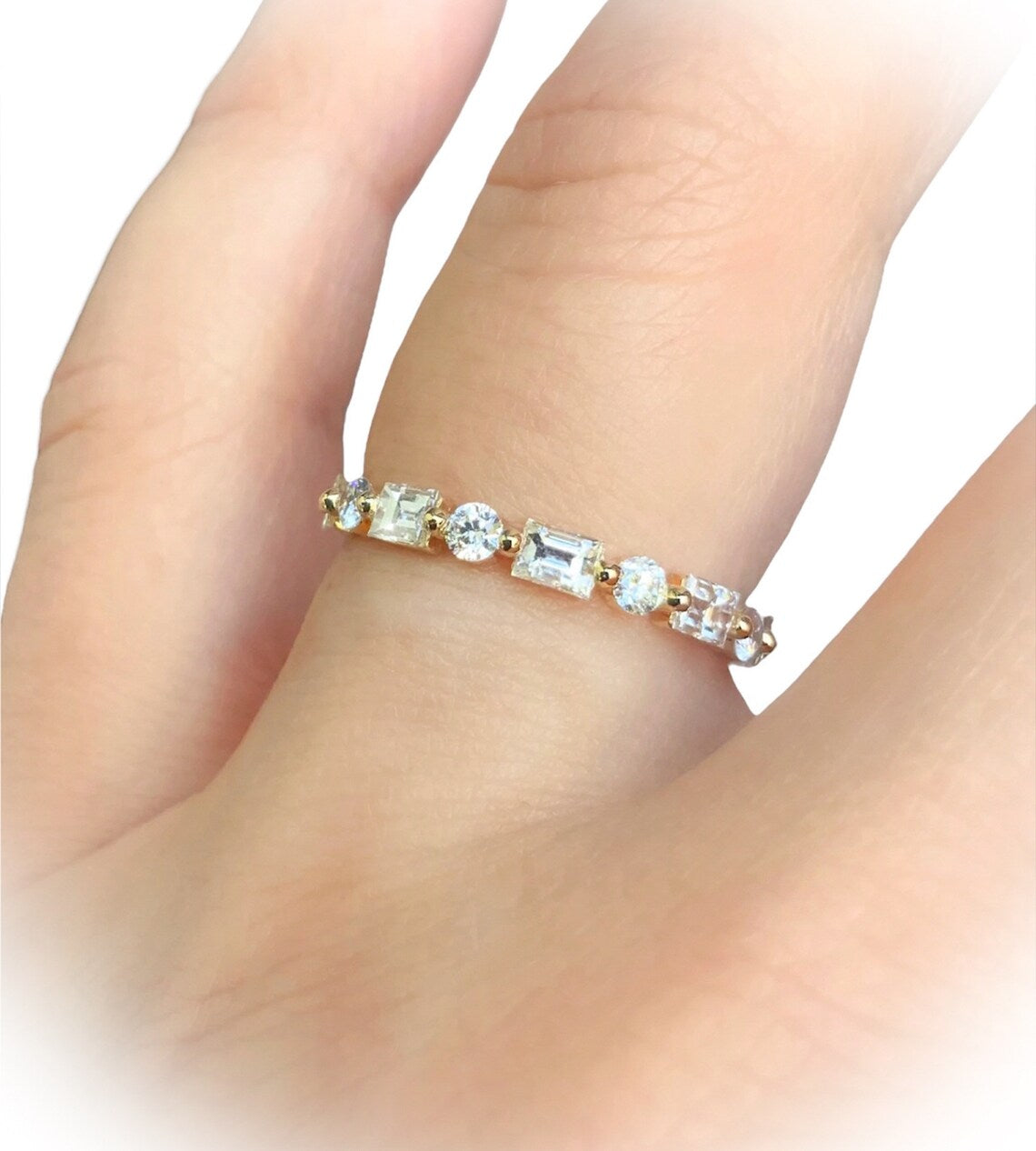 Baguette Round Natural Diamond Full Eternity Band/ 2.5mm Shared Prong Dot Dash Diamond Ring/ Gold or Platinum Baguette Dot Band w Appraisal