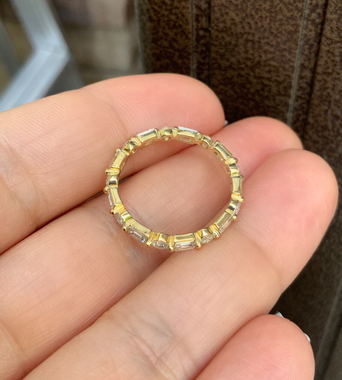 Baguette Round Natural Diamond Full Eternity Band/ 2.5mm Shared Prong Dot Dash Diamond Ring/ Gold or Platinum Baguette Dot Band w Appraisal