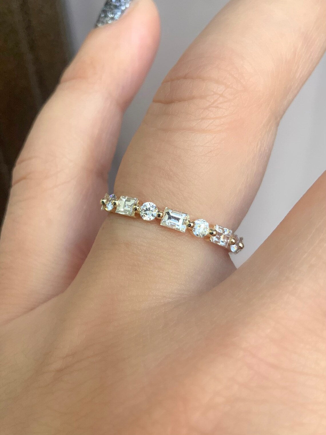 Baguette Round Natural Diamond Full Eternity Band/ 2.5mm Shared Prong Dot Dash Diamond Ring/ Gold or Platinum Baguette Dot Band w Appraisal