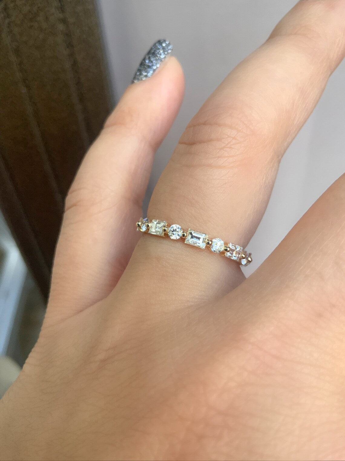 Baguette Round Natural Diamond Full Eternity Band/ 2.5mm Shared Prong Dot Dash Diamond Ring/ Gold or Platinum Baguette Dot Band w Appraisal
