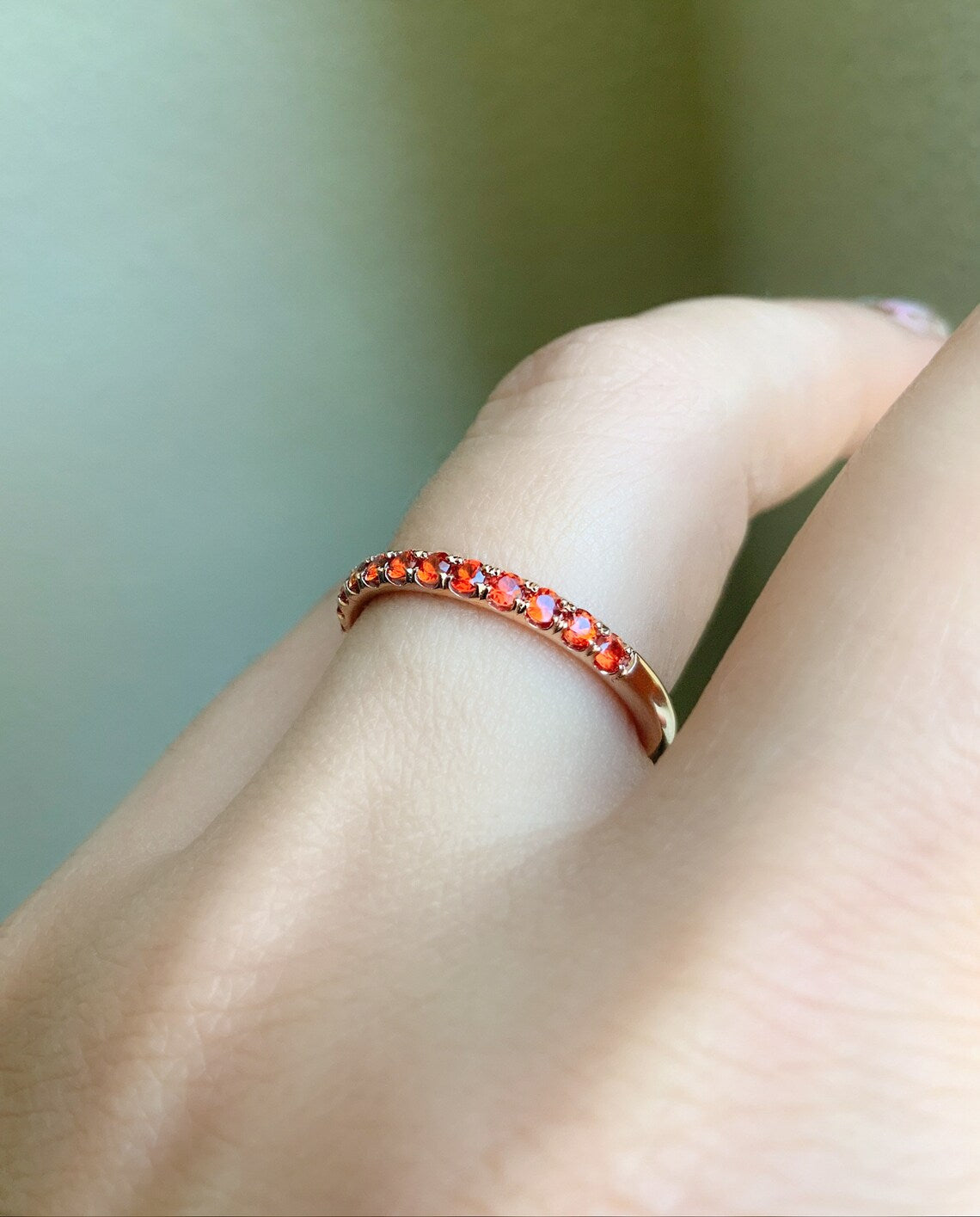 Orange Sapphire Band/ 2.3mm Orange Sapphire Pave Half Eternity Ring/ September Birthstone Hot Orange Sapphire Stacking/ Solid Gold, Platinum