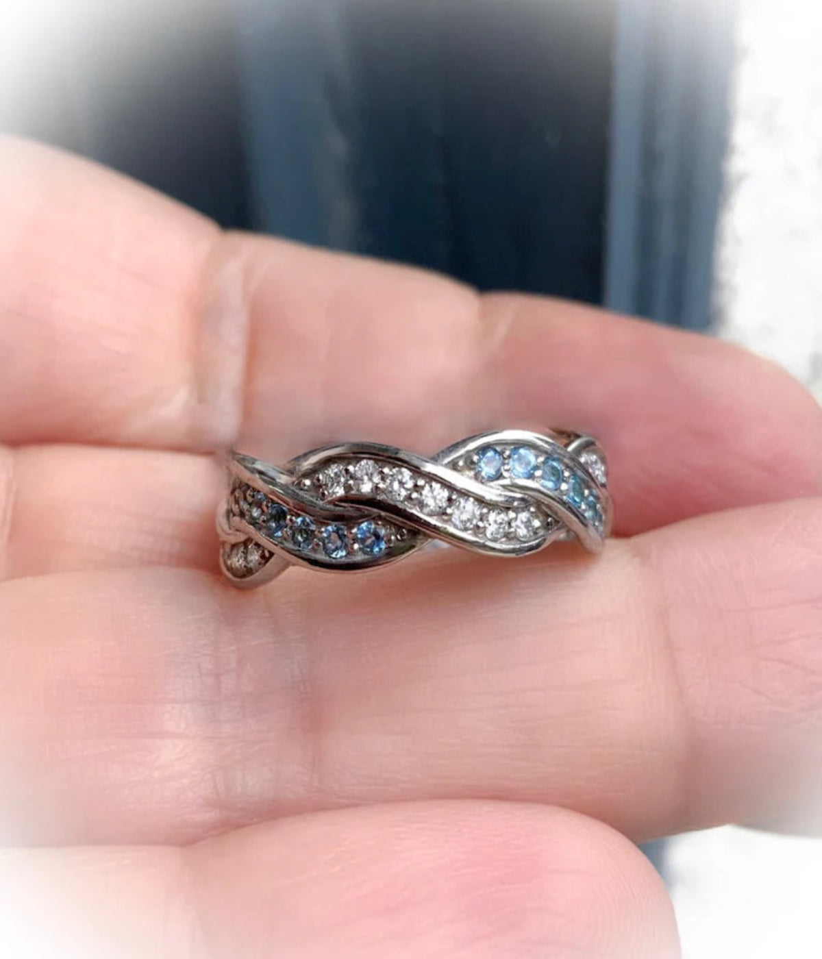 Aquamarine Diamond Twisted Vine Ring/ 6mm Full Eternity Pave Wave Ring/ Overlapping Twist Diamond Aquamarine Band/ Intertwined Stacking Ring