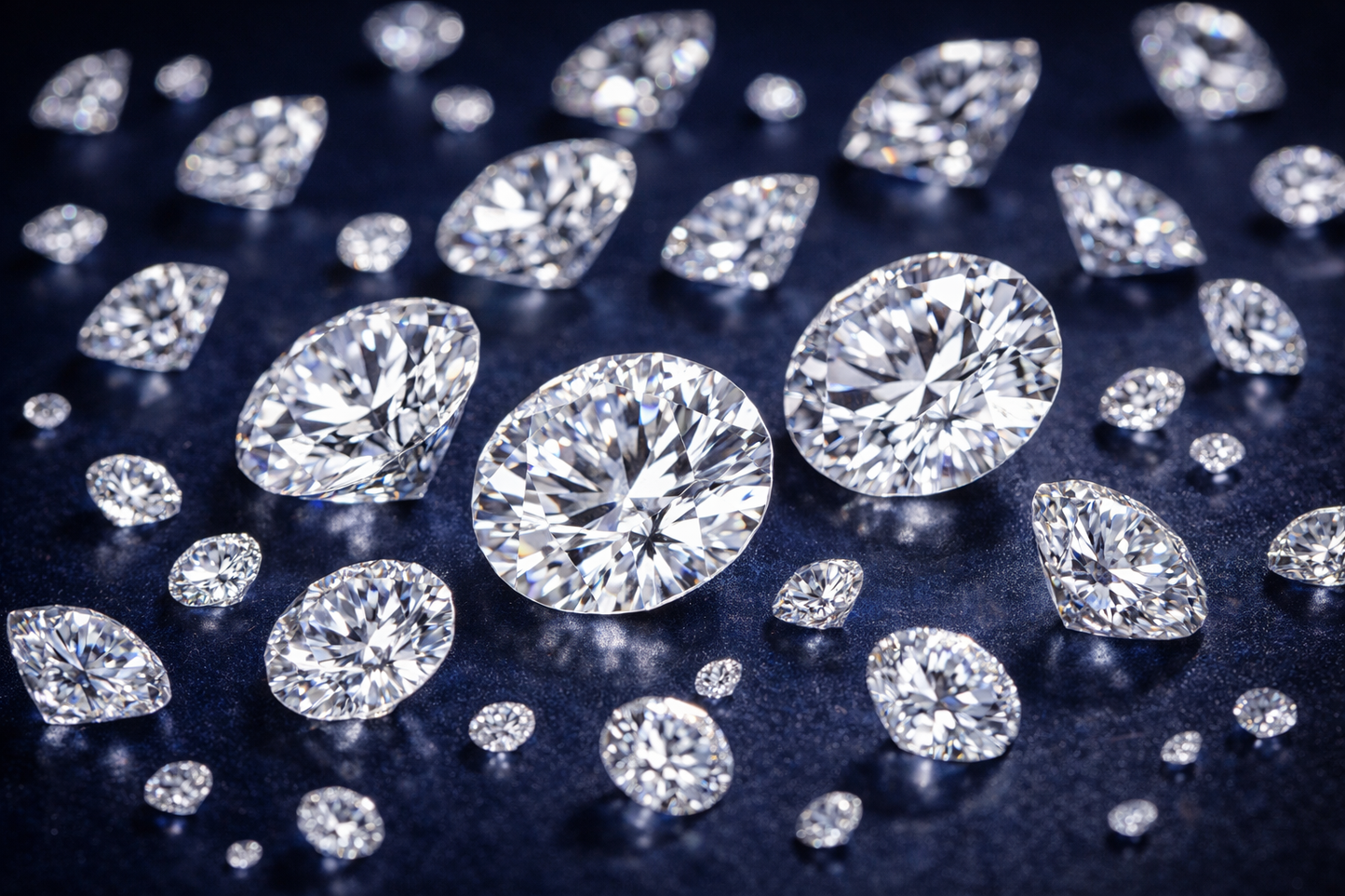 Collection of diamonds of various sizes on a dark background