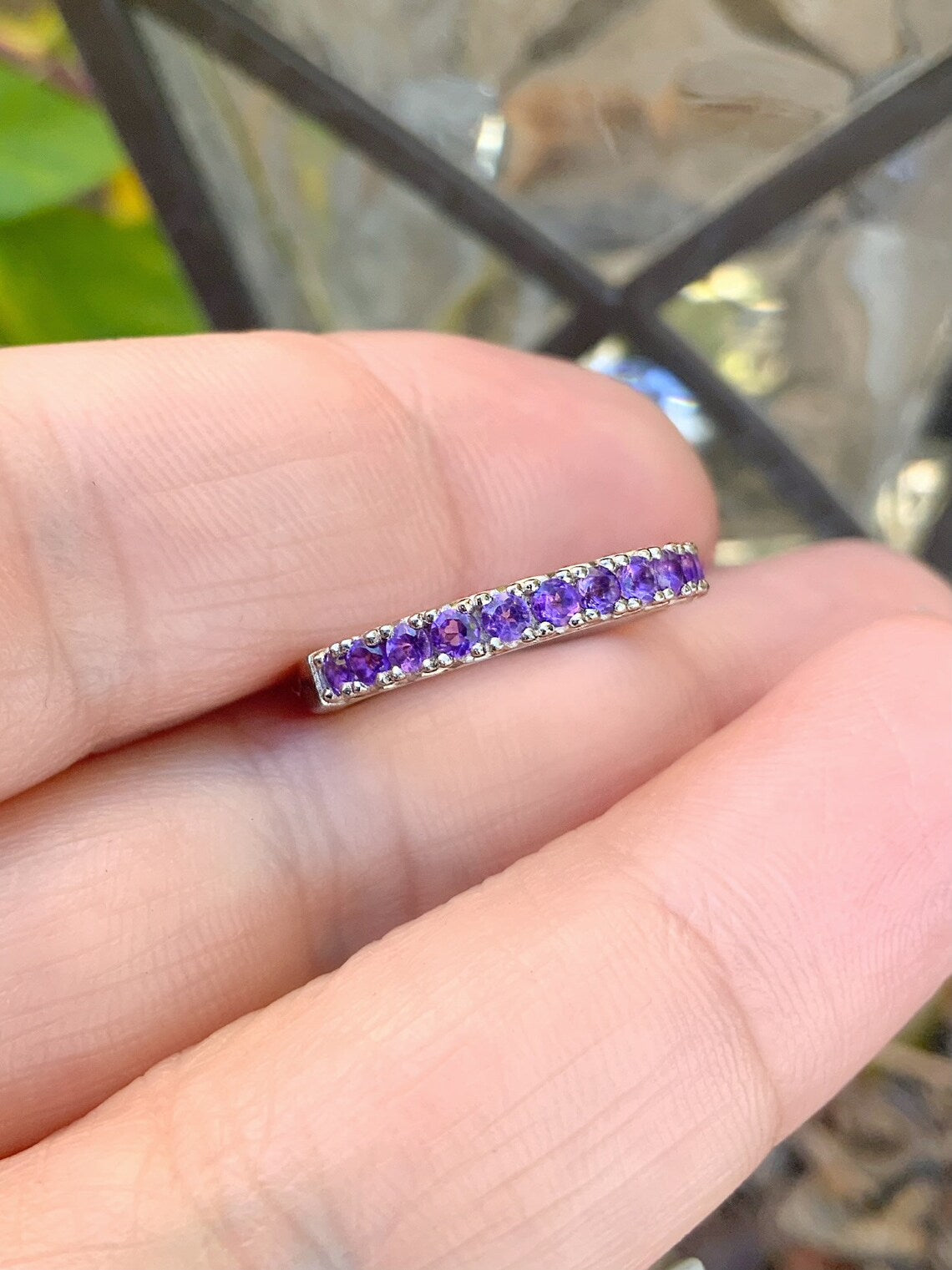 French Pave Amethyst Stacking Ring w 11 Stones/ Wedding 6th Anniversary Ring/ February Birthstone Band/ 14K, 18K or Platinum Amethyst Band
