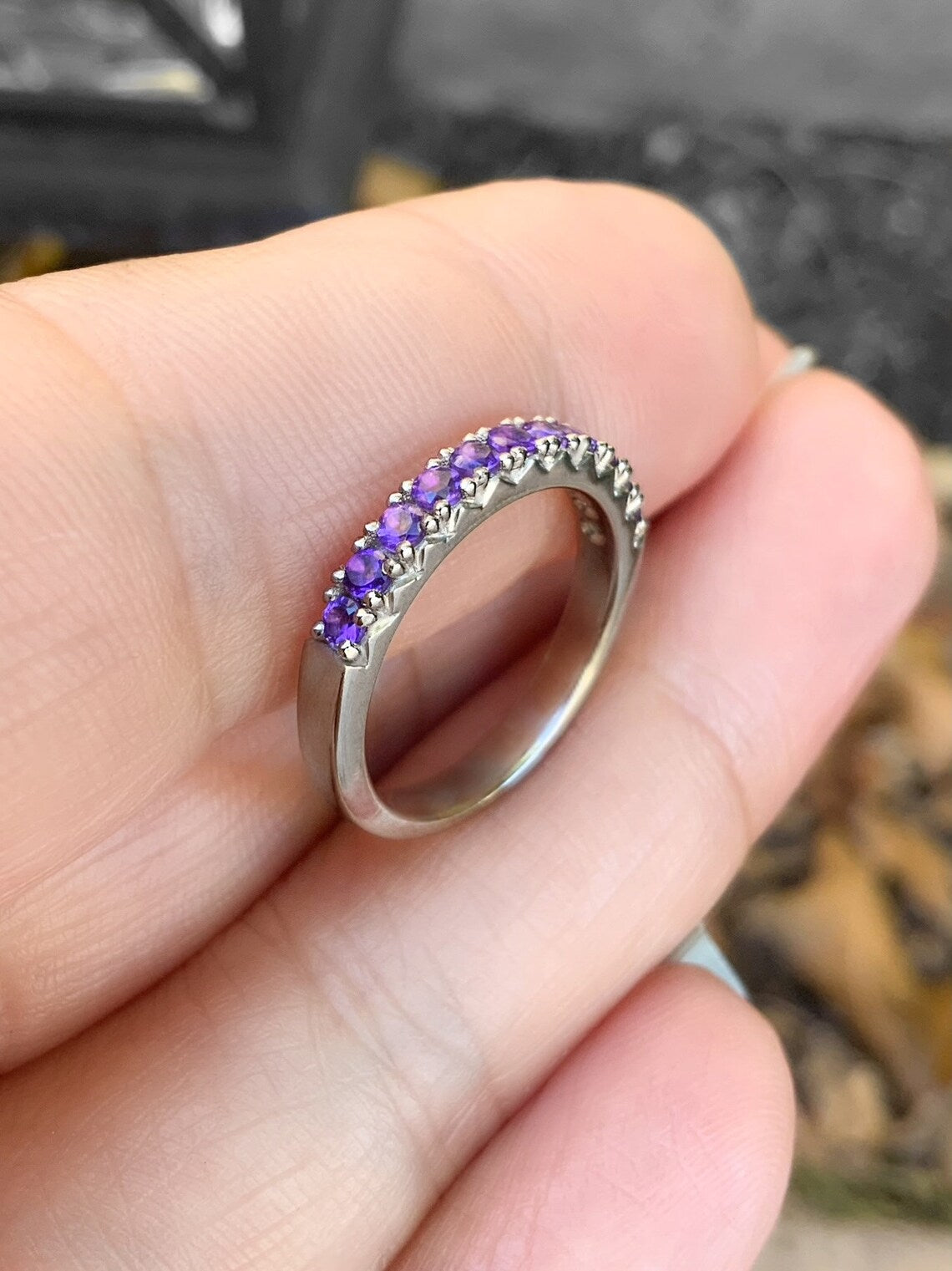 French Pave Amethyst Stacking Ring w 11 Stones/ Wedding 6th Anniversary Ring/ February Birthstone Band/ 14K, 18K or Platinum Amethyst Band