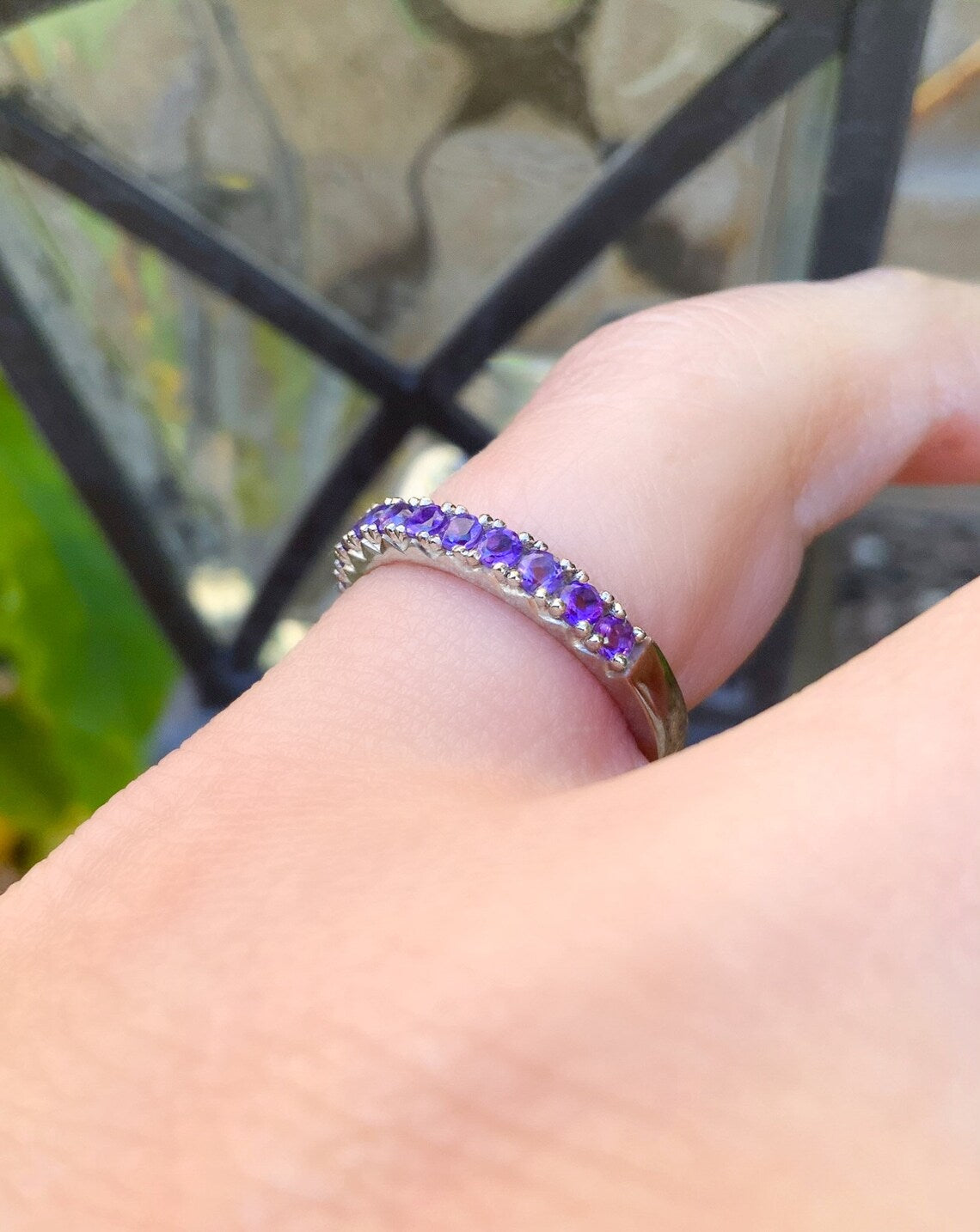 French Pave Amethyst Stacking Ring w 11 Stones/ Wedding 6th Anniversary Ring/ February Birthstone Band/ 14K, 18K or Platinum Amethyst Band