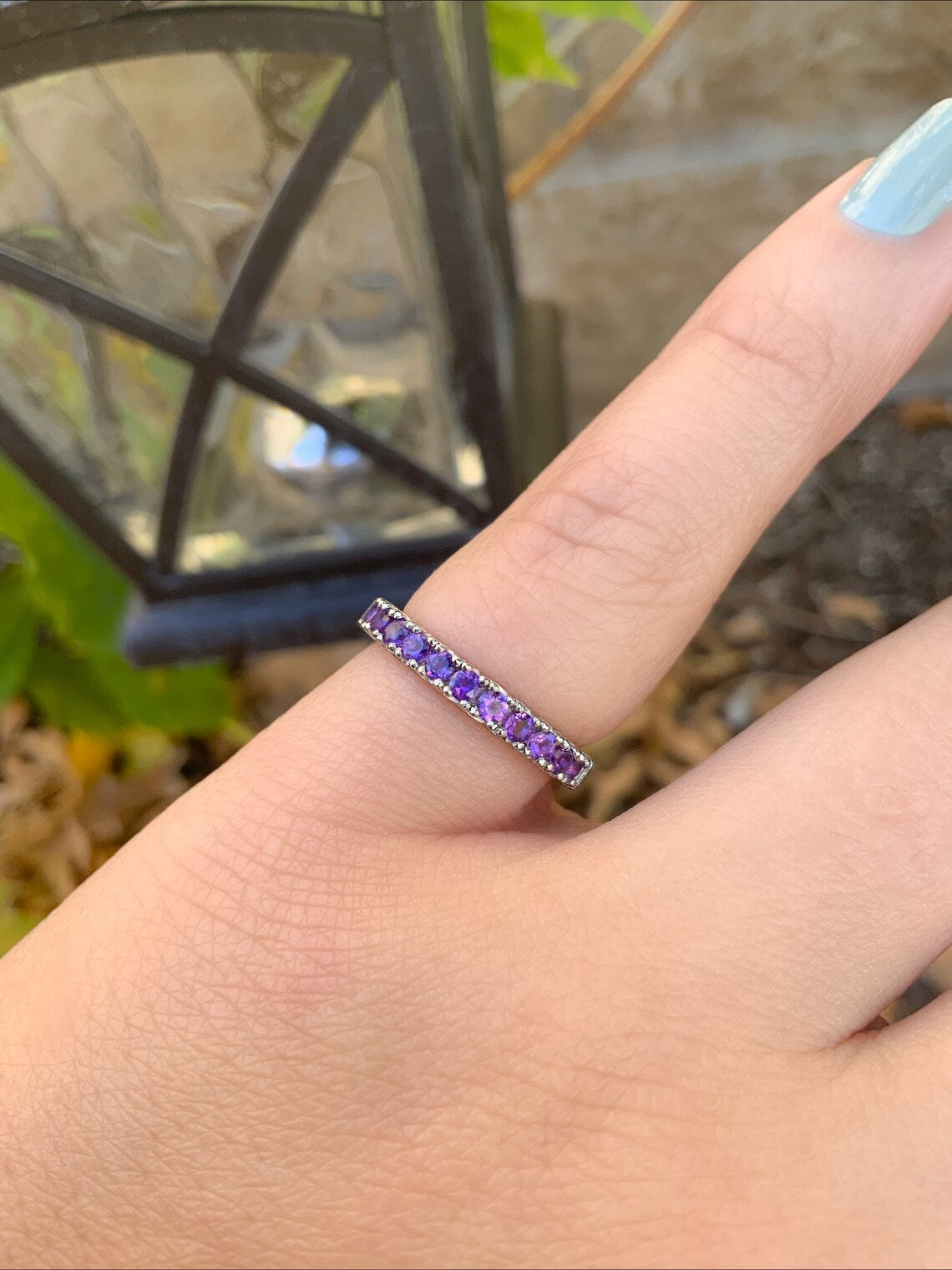 French Pave Amethyst Stacking Ring w 11 Stones/ Wedding 6th Anniversary Ring/ February Birthstone Band/ 14K, 18K or Platinum Amethyst Band
