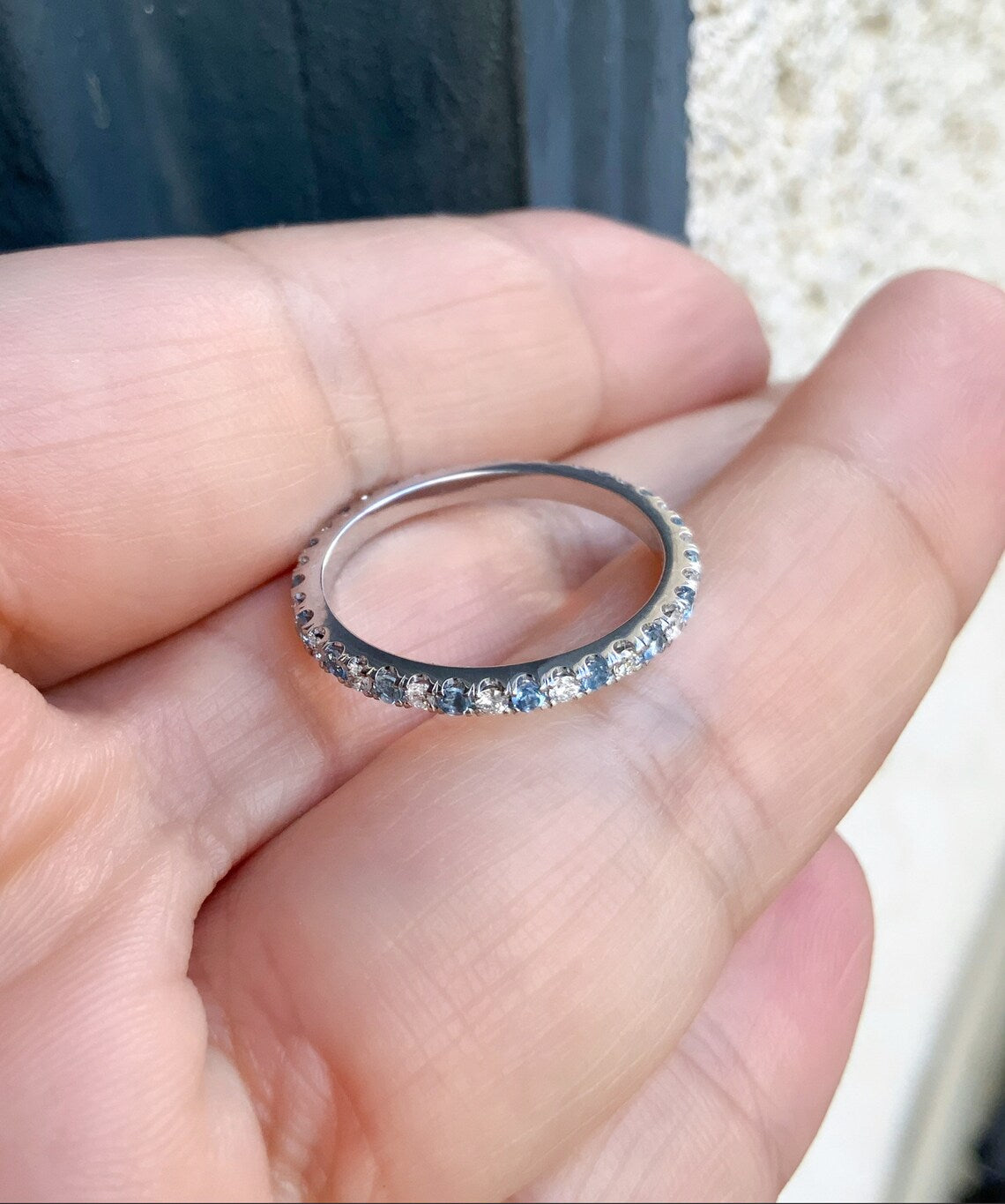 Aquamarine Diamond Alternating Band/ 2mm Pave Full Eternity Ring/ Diamond Aquamarine Infinity Wedding Band/ 2 Birthstone March April Stack