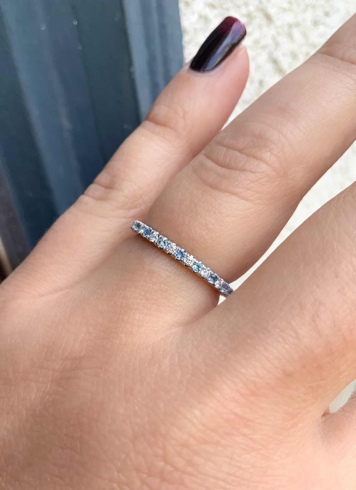 Aquamarine Diamond Alternating Band/ 2mm Pave Full Eternity Ring/ Diamond Aquamarine Infinity Wedding Band/ 2 Birthstone March April Stack