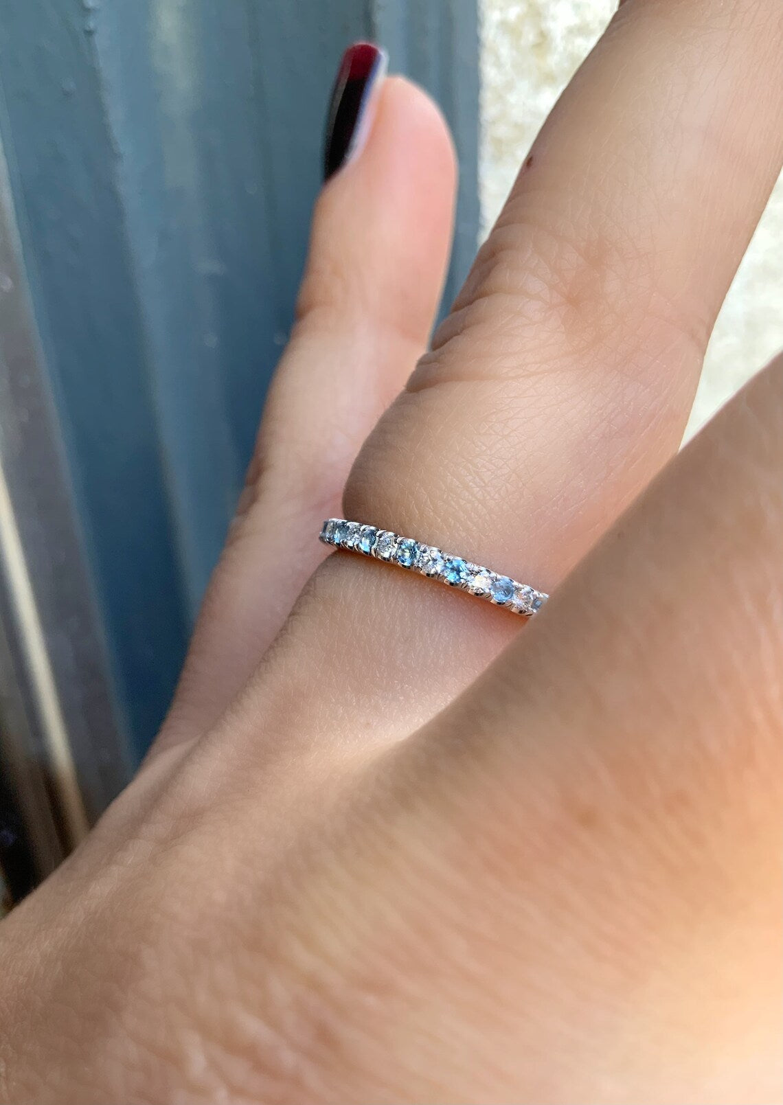 Aquamarine Diamond Alternating Band/ 2mm Pave Full Eternity Ring/ Diamond Aquamarine Infinity Wedding Band/ 2 Birthstone March April Stack