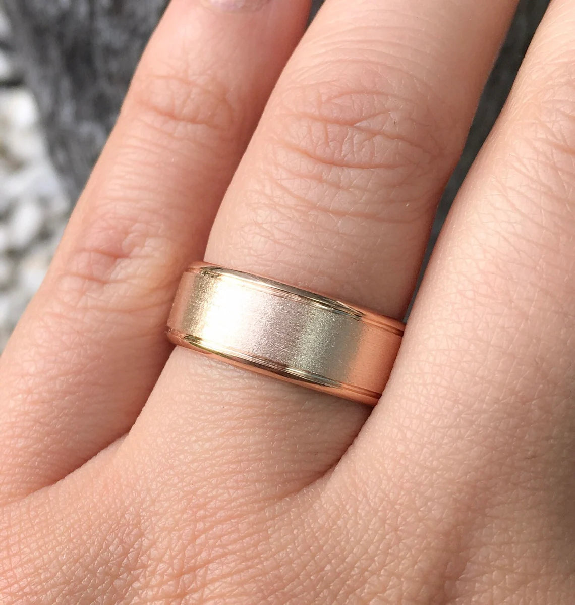 8mm Polished Bevel Edge Matte Wedding Band - 14K, 18K, Platinum Men’s Ring