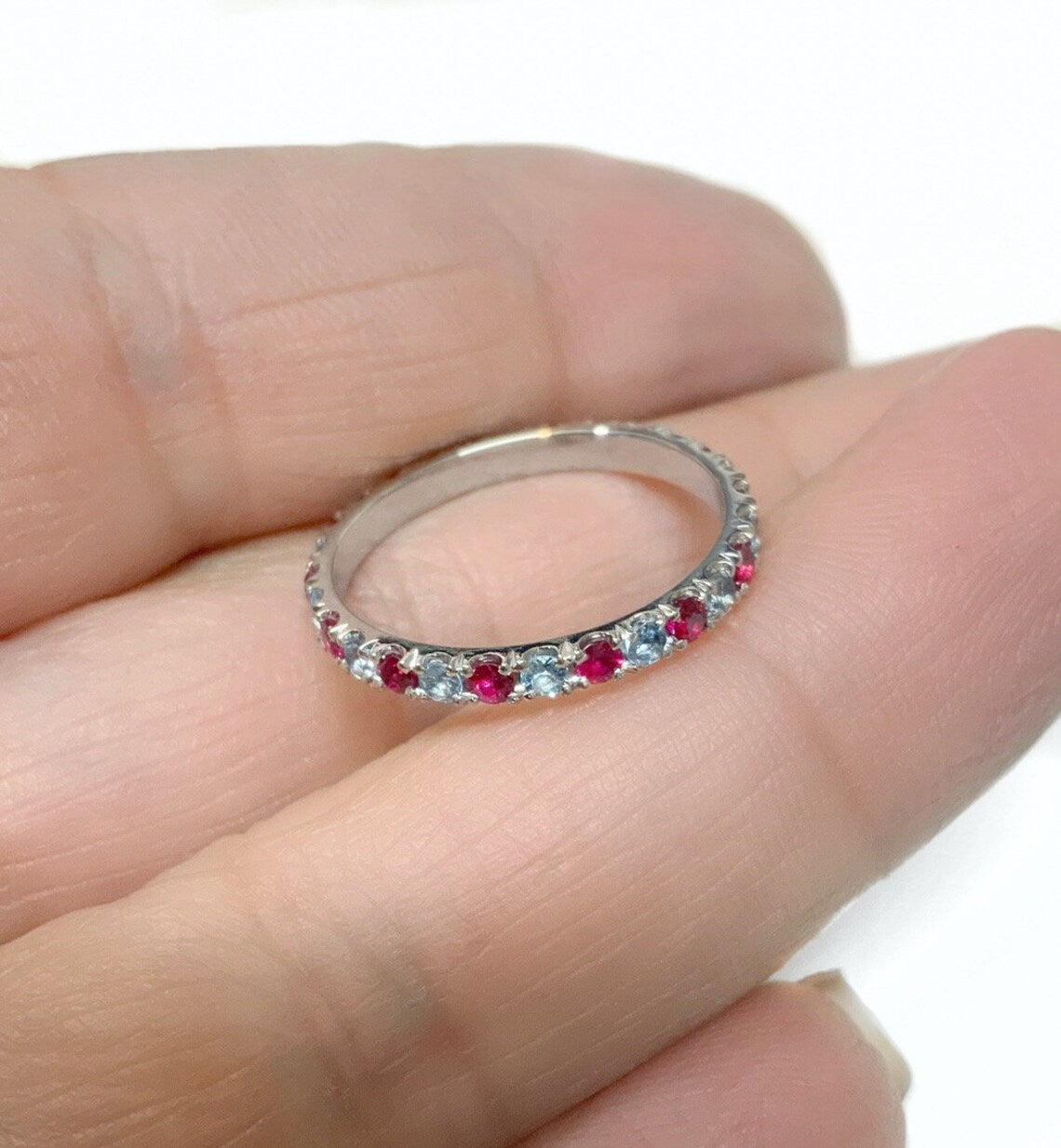 Aquamarine & Ruby Eternity Band - 10K, 14K, 18K Gold or Platinum (March & July Birthstones)