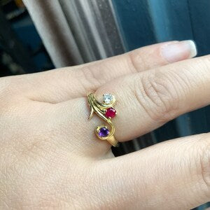 3 Stone Mother's Ring/ Tree Leaf Nature Inspired Floral Design/ Personalized Family Birthstone Twig Ring/ Diamond Ruby Amethyst Branch Ring