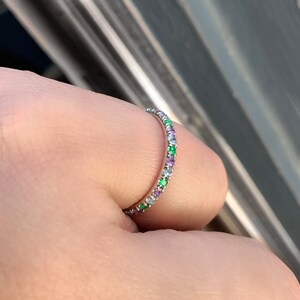 Emerald Aquamarine Amethyst Band/ 2mm Alternating Pave Full Eternity Ring/ 3 Birthstone Infinity Stacking/ May March February Mother's Ring