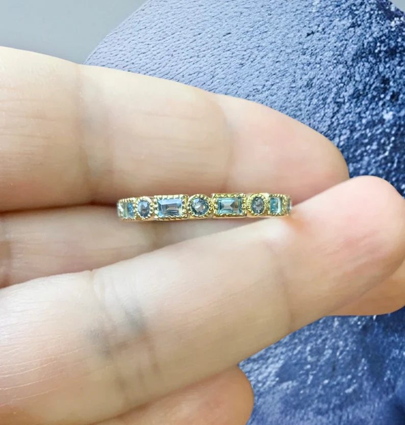 Aquamarine Baguette Round Eternity Band/ Dot Dash Milgrain Bezel Set Aquamarine 3mm Stacking Ring/ Infinity March Birthstone Wedding Band