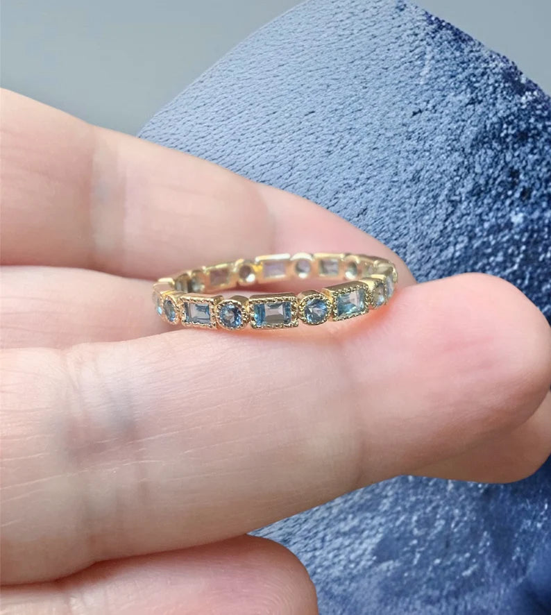Aquamarine Baguette Round Eternity Band/ Dot Dash Milgrain Bezel Set Aquamarine 3mm Stacking Ring/ Infinity March Birthstone Wedding Band