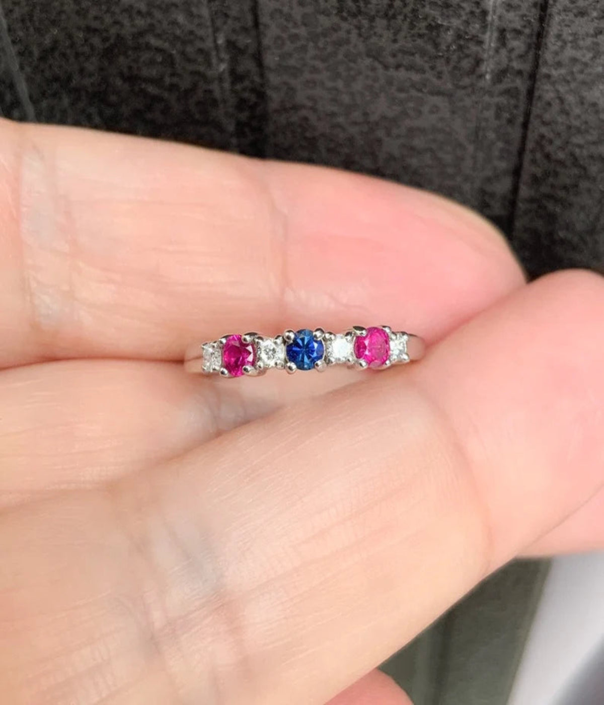 Mother's Ring/ 3 Stone Personalized Family Birthstone Ring w Diamonds/ Multi Stone Stack Ring: Blue Sapphire, Ruby/ 14K 18K Platinum Custom