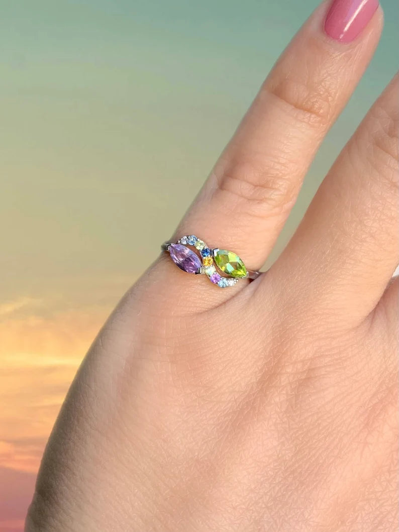 Mother's Ring/ 2 Stone Personalized Family Birthstone Ring/ Infinity Multi Stone Ring with Marquise Peridot & Alexandrite/ Big Family Ring