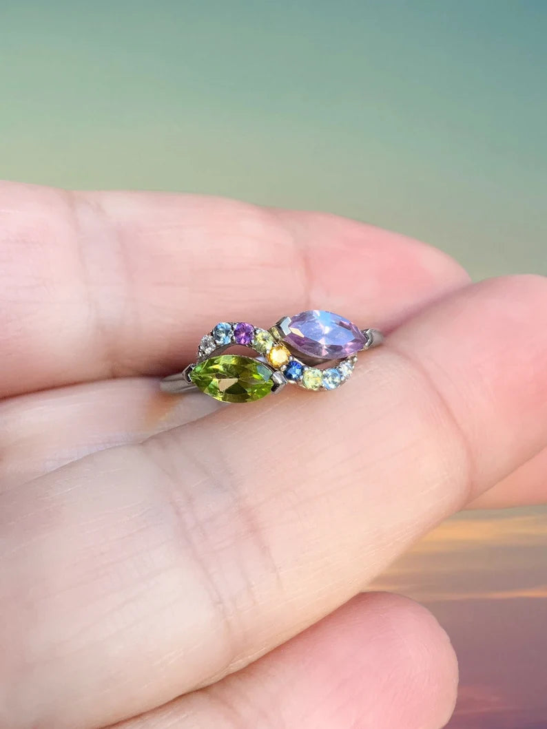 Mother's Ring/ 2 Stone Personalized Family Birthstone Ring/ Infinity Multi Stone Ring with Marquise Peridot & Alexandrite/ Big Family Ring