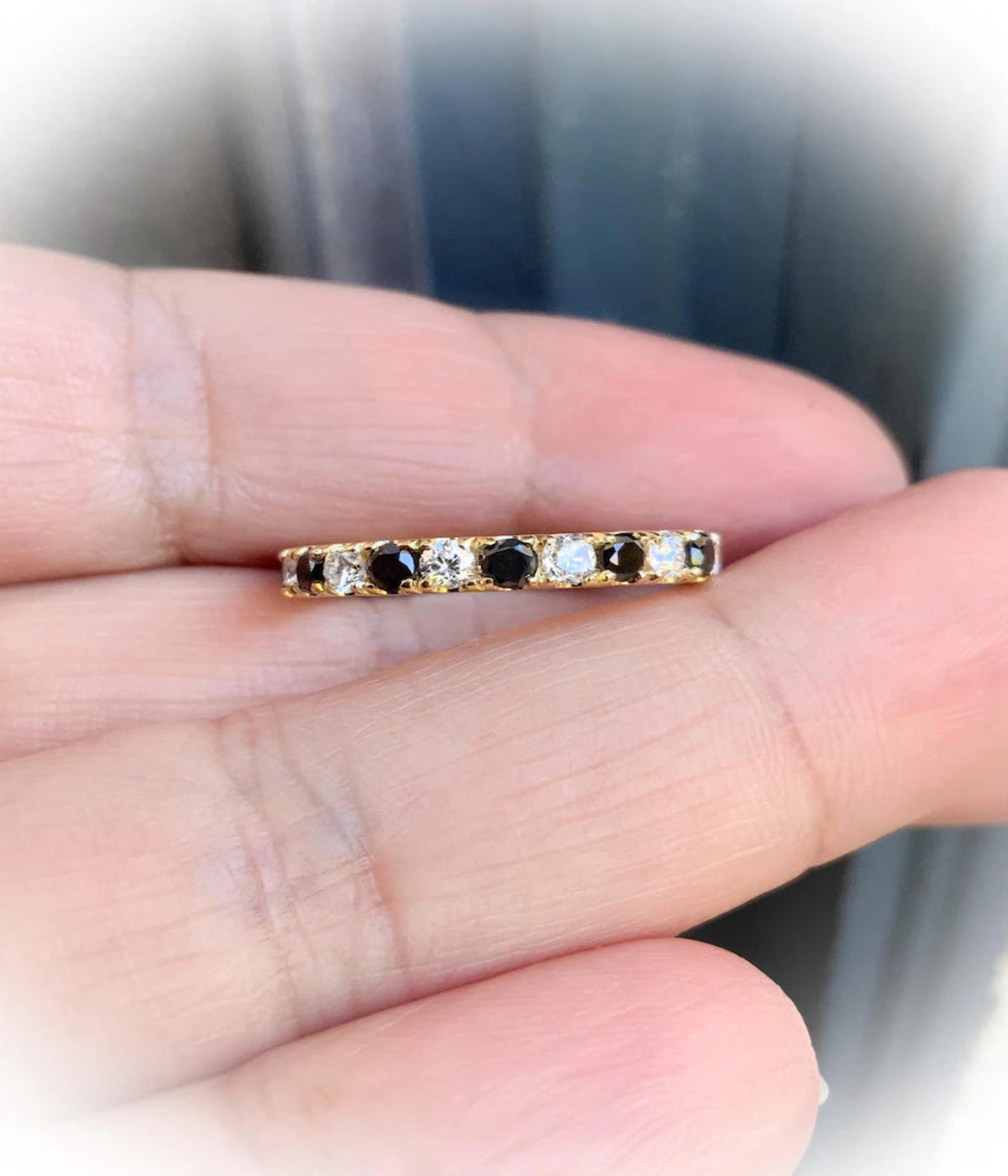 Black and White Diamond Ring/ 2.7mm Pave Half Eternity Band with Alternating Natural Diamonds/ Monochrome Diamond Ring/ 10K 14K 18K Platinum