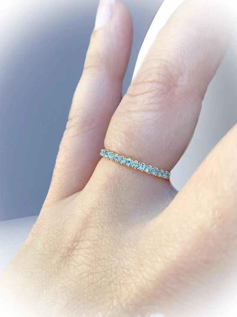 Aquamarine 2mm Pave Half Eternity Stacking Ring