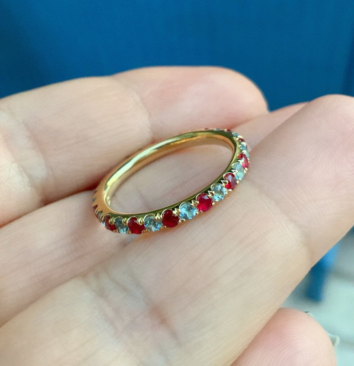 Aquamarine Ruby Band/ Pave 2.3mm Alternating Ruby Aquamarine Full Eternity Wedding Band/ March July 2 Birthstone Maternity Stacking Ring