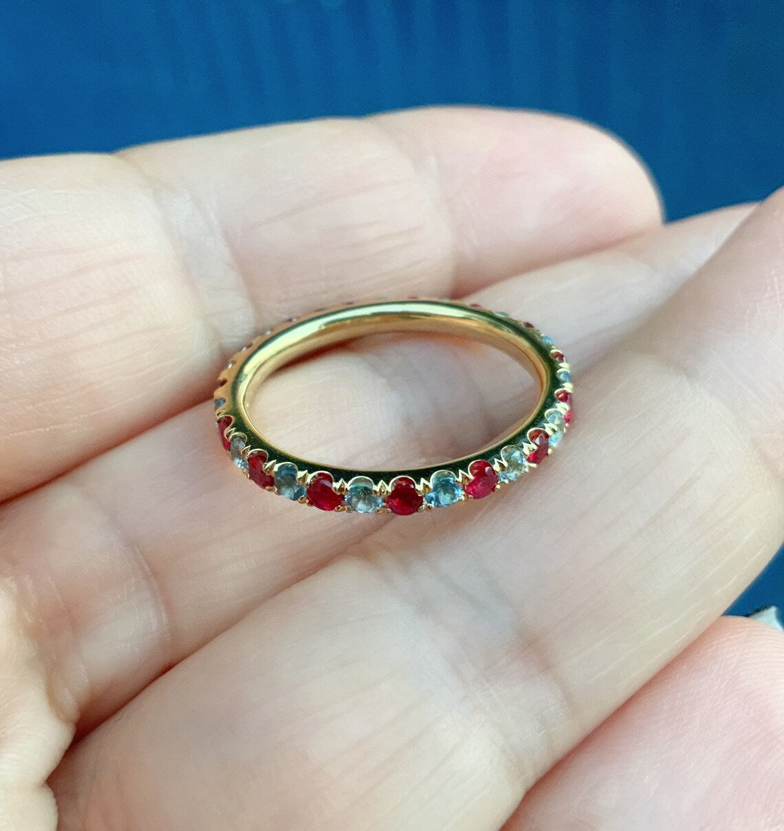 Aquamarine Ruby Band/ Pave 2.3mm Alternating Ruby Aquamarine Full Eternity Wedding Band/ March July 2 Birthstone Maternity Stacking Ring