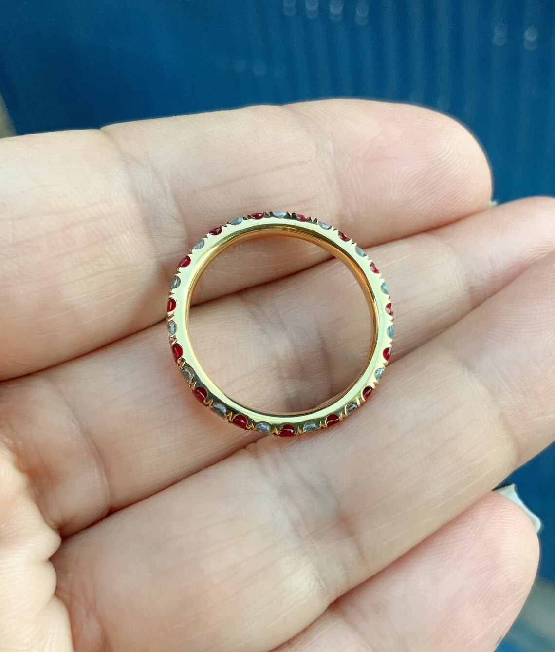 Aquamarine Ruby Band/ Pave 2.3mm Alternating Ruby Aquamarine Full Eternity Wedding Band/ March July 2 Birthstone Maternity Stacking Ring