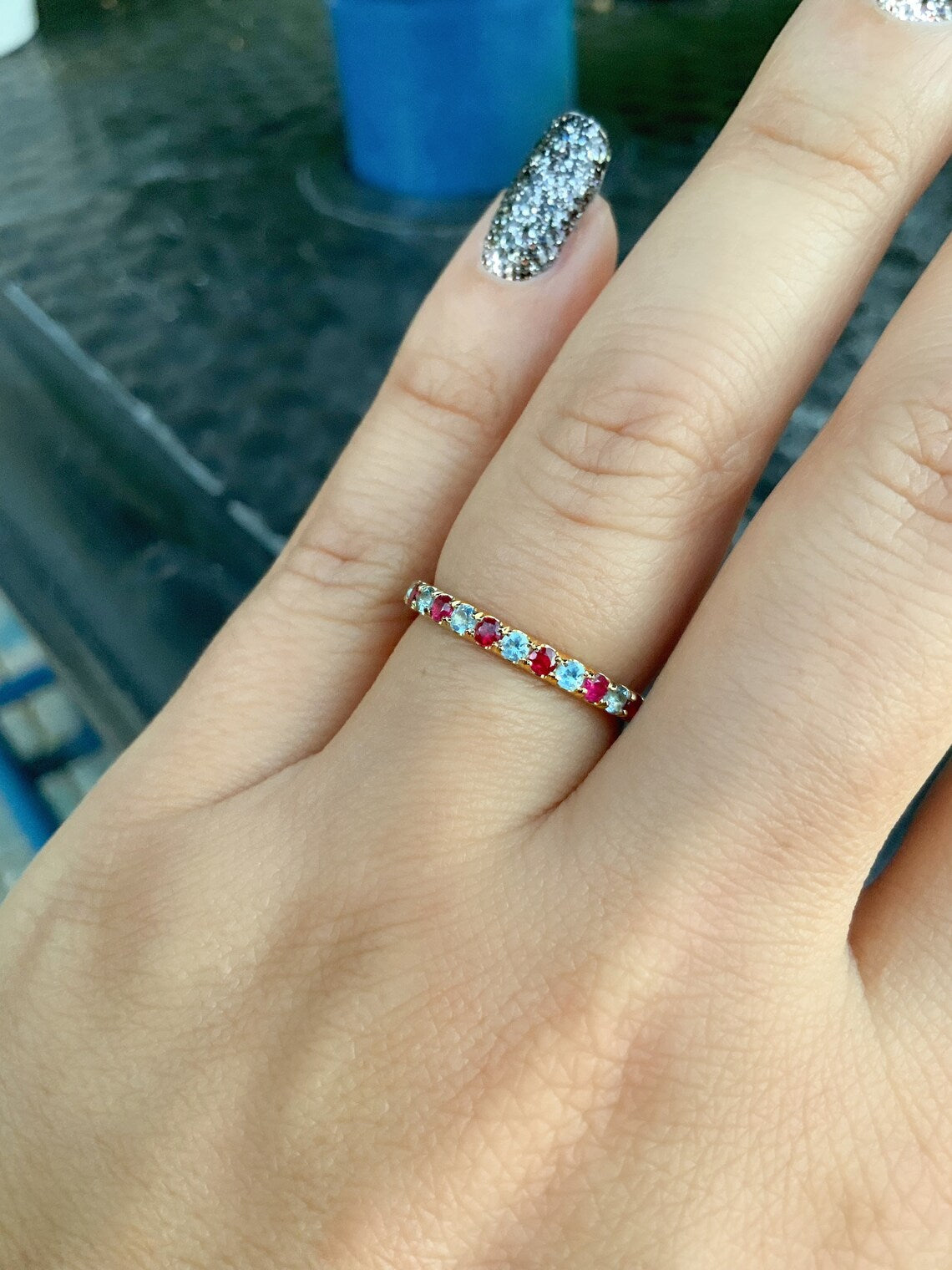 Aquamarine Ruby Band/ Pave 2.3mm Alternating Ruby Aquamarine Full Eternity Wedding Band/ March July 2 Birthstone Maternity Stacking Ring