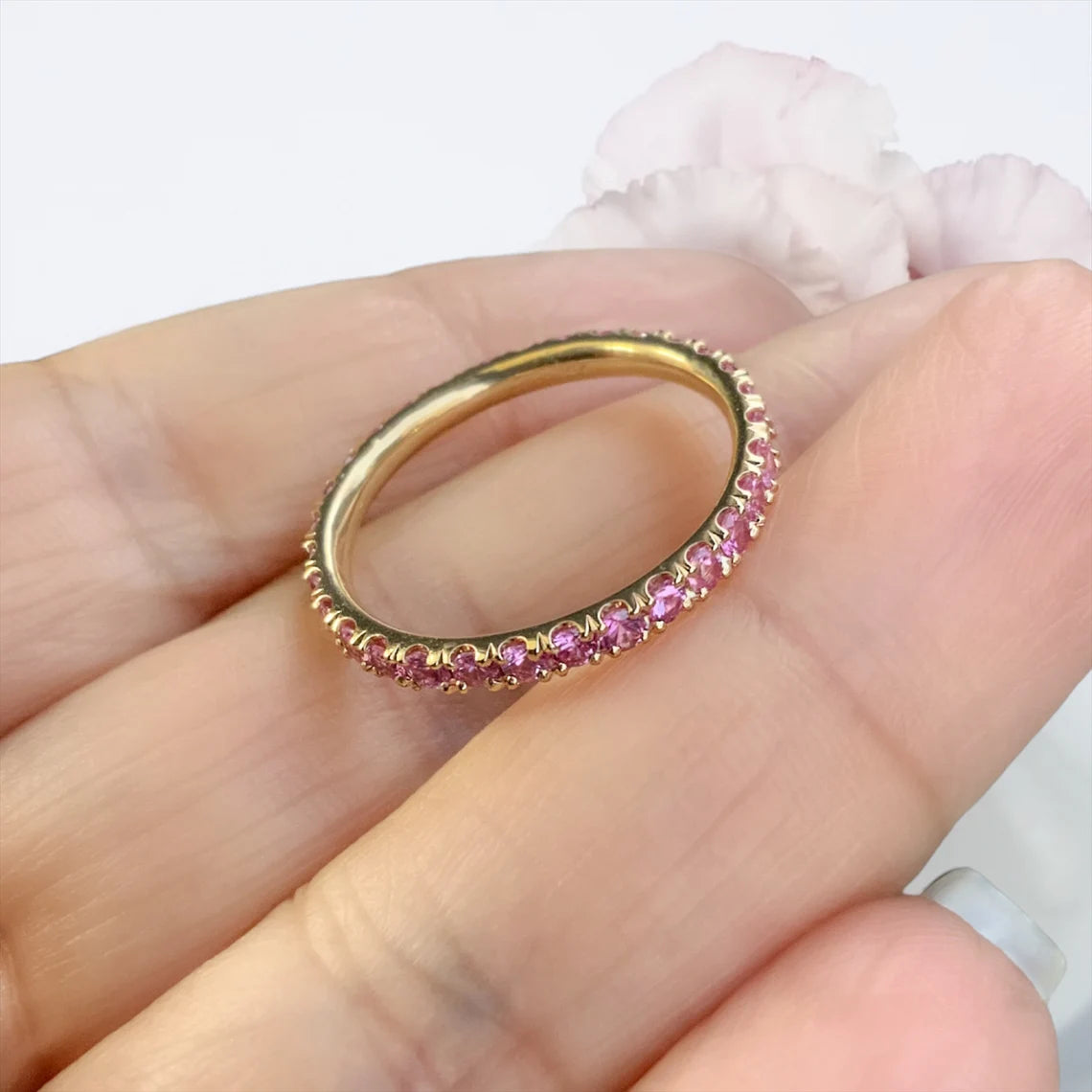 Pink Sapphire Full Eternity Ring | Pavé Wedding Band | Gold-Platinum | 2.3mm Stacking September Birthstone Ring