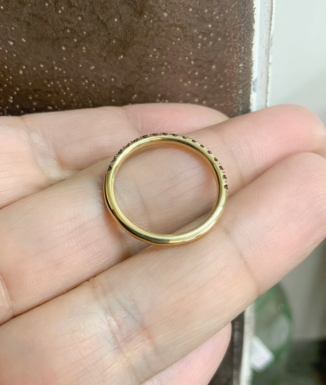 Garnet Pave Band 2mm Half Eternity Ring/ Garnet Wedding Band, Anniversary Guard Ring/ January Birthstone Stacking Ring/ 10K 14K 18K Platinum