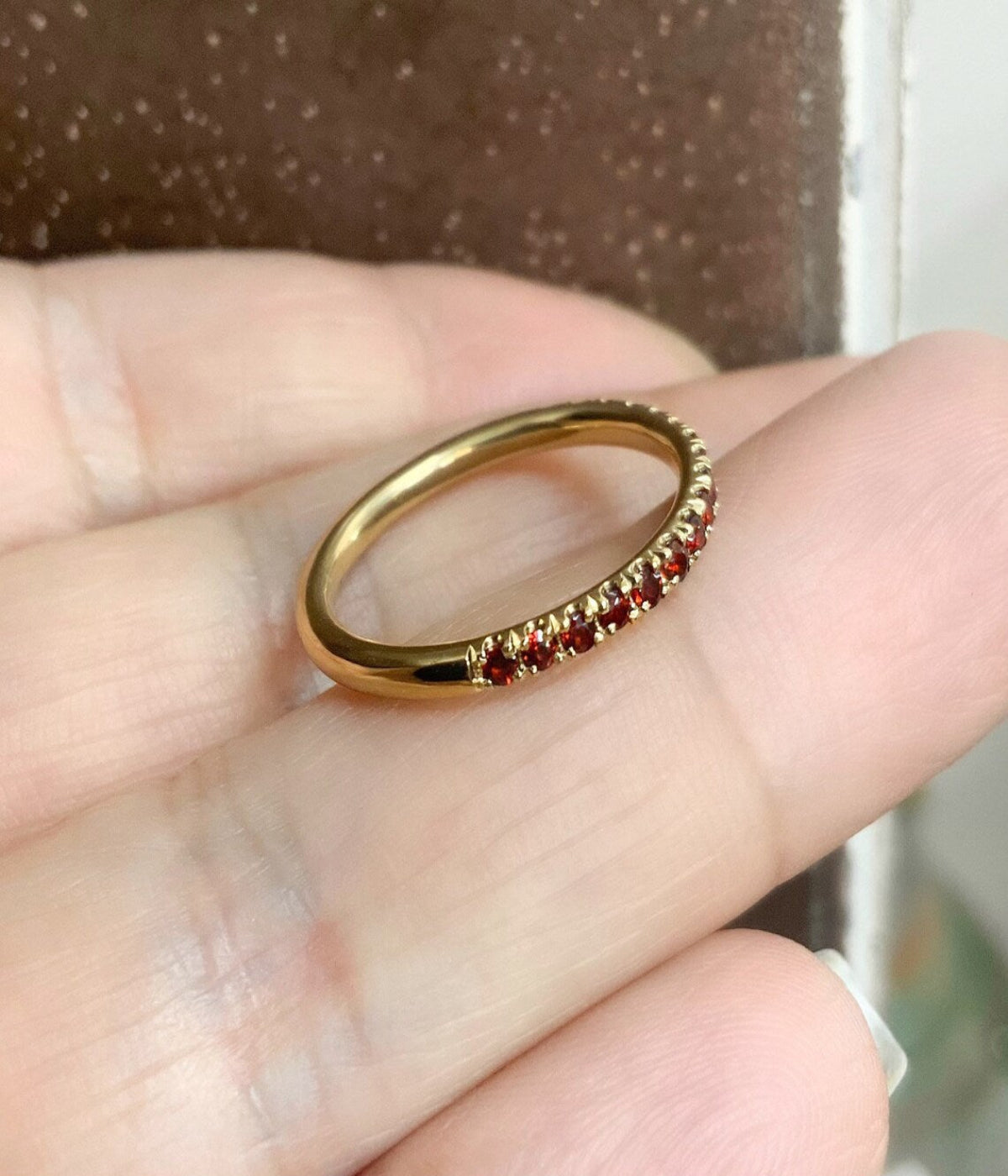 Garnet Pave Band 2mm Half Eternity Ring/ Garnet Wedding Band, Anniversary Guard Ring/ January Birthstone Stacking Ring/ 10K 14K 18K Platinum