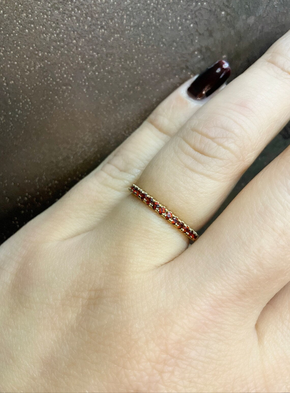Garnet Pave Band 2mm Half Eternity Ring/ Garnet Wedding Band, Anniversary Guard Ring/ January Birthstone Stacking Ring/ 10K 14K 18K Platinum