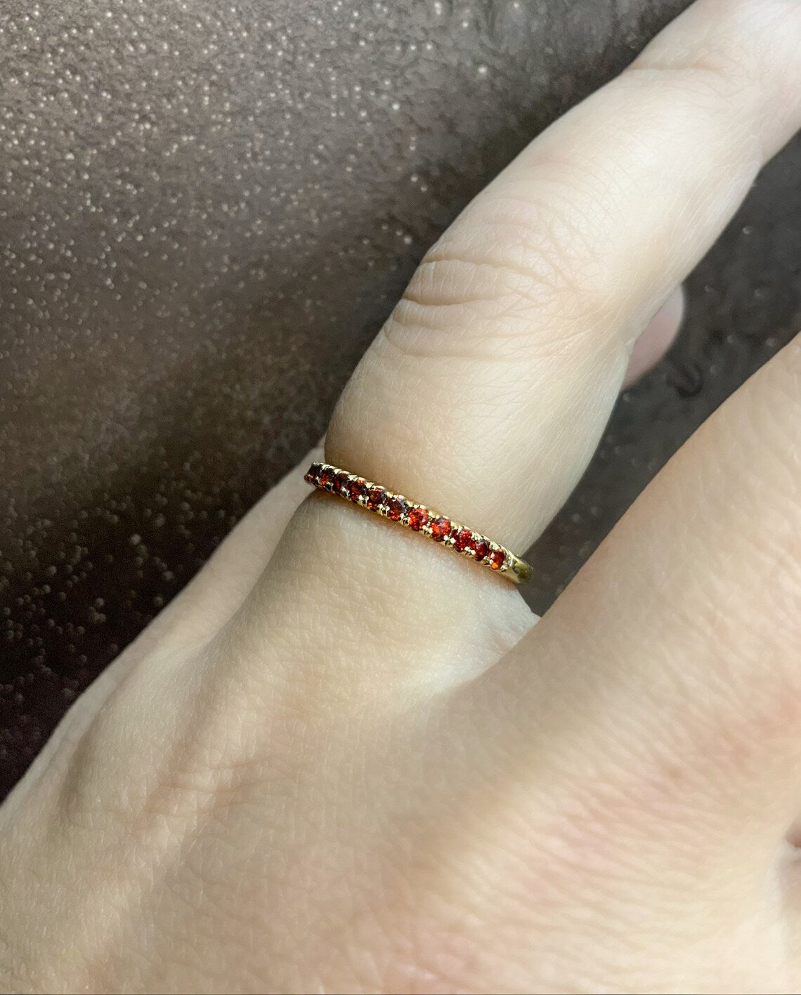 Garnet Pave Band 2mm Half Eternity Ring/ Garnet Wedding Band, Anniversary Guard Ring/ January Birthstone Stacking Ring/ 10K 14K 18K Platinum