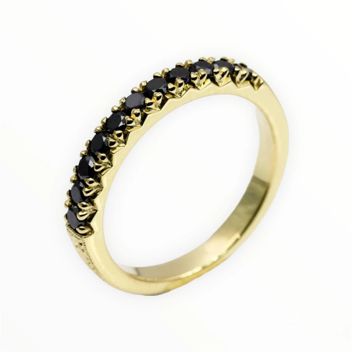 French Pave Black Diamond Band Ring w Milgrain and Hand Engraving on Shank/ Unique 11 Stone Natural Black Diamond Wedding, Anniversary Band