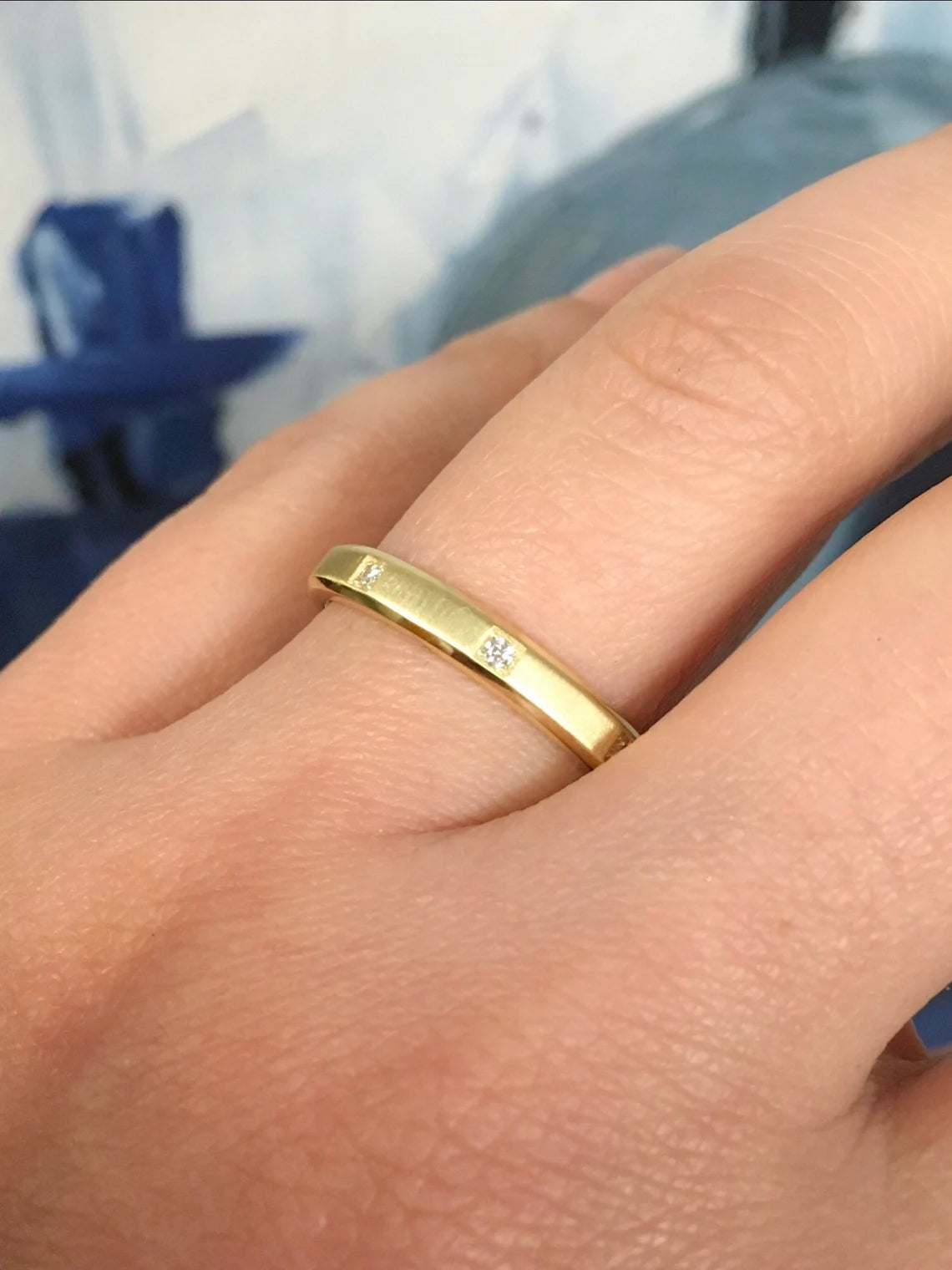 Plain Men's Women's Wedding 3.5 MM Band Ring with Spaced Diamonds/ Unique Beveled Matte Band/ Unisex His & Hers Thumb Ring/ 14K 18K Platinum