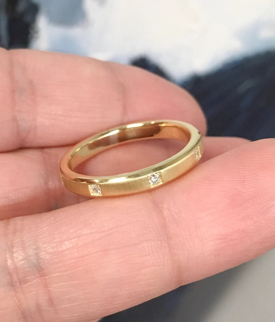 Plain Men's Women's Wedding 3.5 MM Band Ring with Spaced Diamonds/ Unique Beveled Matte Band/ Unisex His & Hers Thumb Ring/ 14K 18K Platinum