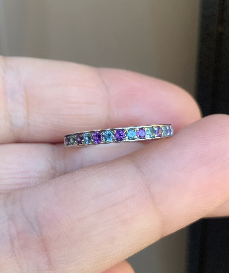 Blue Topaz Amethyst Ring/ 2.5mm Half Eternity Alternating Topaz Amethyst Channel Pave Wedding Anniversary Band/ December February Birthstone