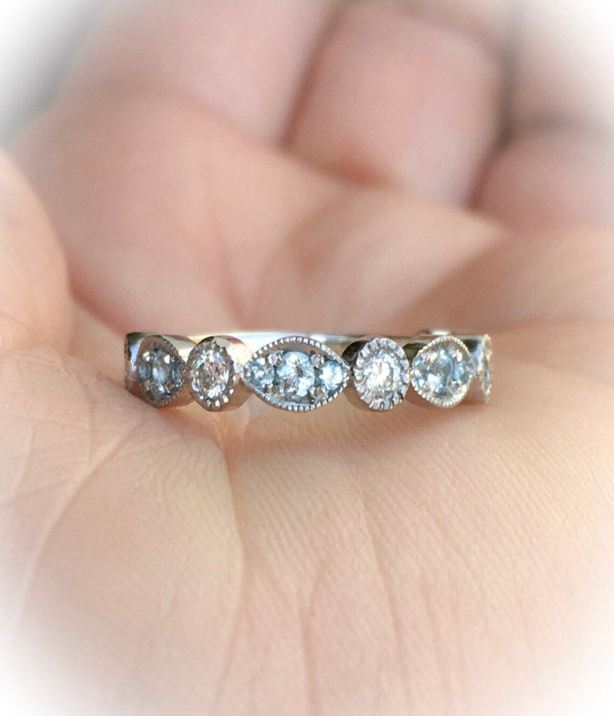 3 MM Marquise Dot Unique Wedding Band Ring/ Diamond Aquamarine Bezel Ring/ Aquamarine Diamond Milgrain Eternity Ring/ March April Stack Band