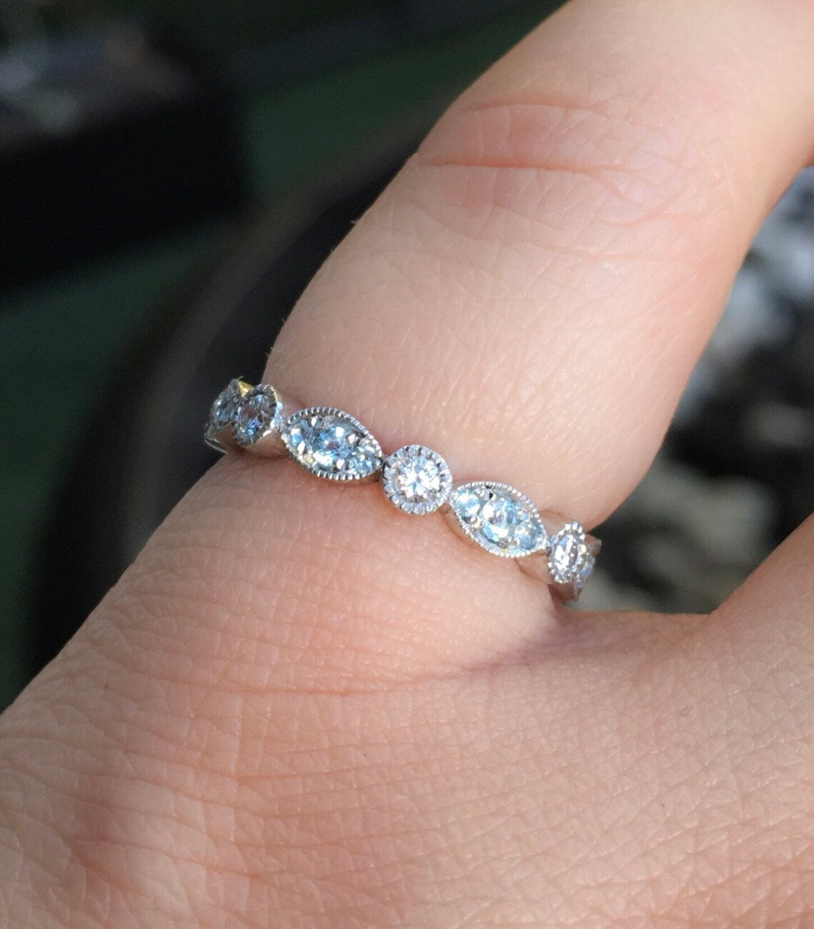 3 MM Marquise Dot Unique Wedding Band Ring/ Diamond Aquamarine Bezel Ring/ Aquamarine Diamond Milgrain Eternity Ring/ March April Stack Band