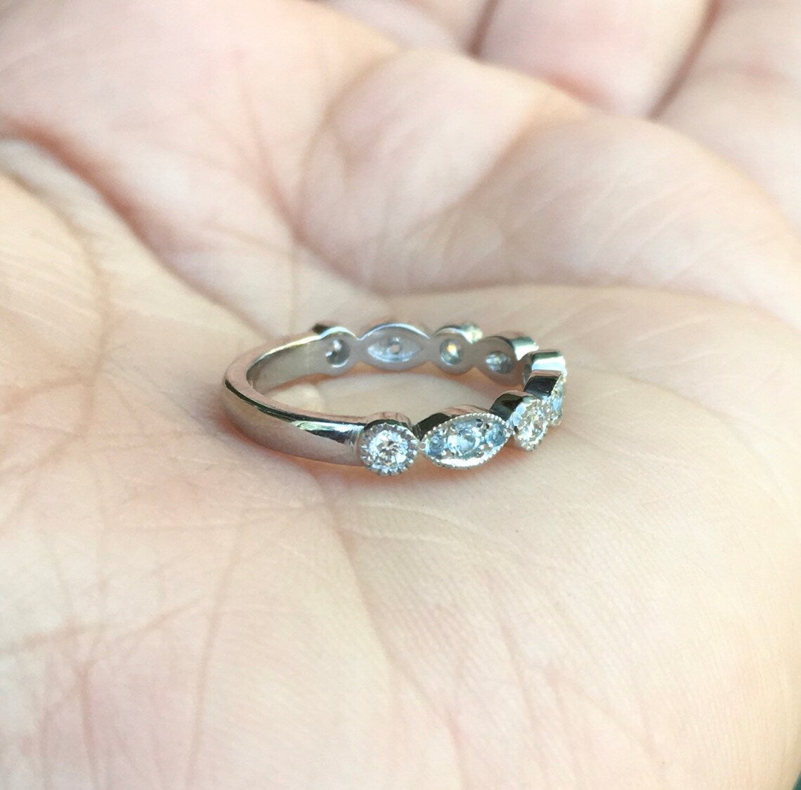 3 MM Marquise Dot Unique Wedding Band Ring/ Diamond Aquamarine Bezel Ring/ Aquamarine Diamond Milgrain Eternity Ring/ March April Stack Band
