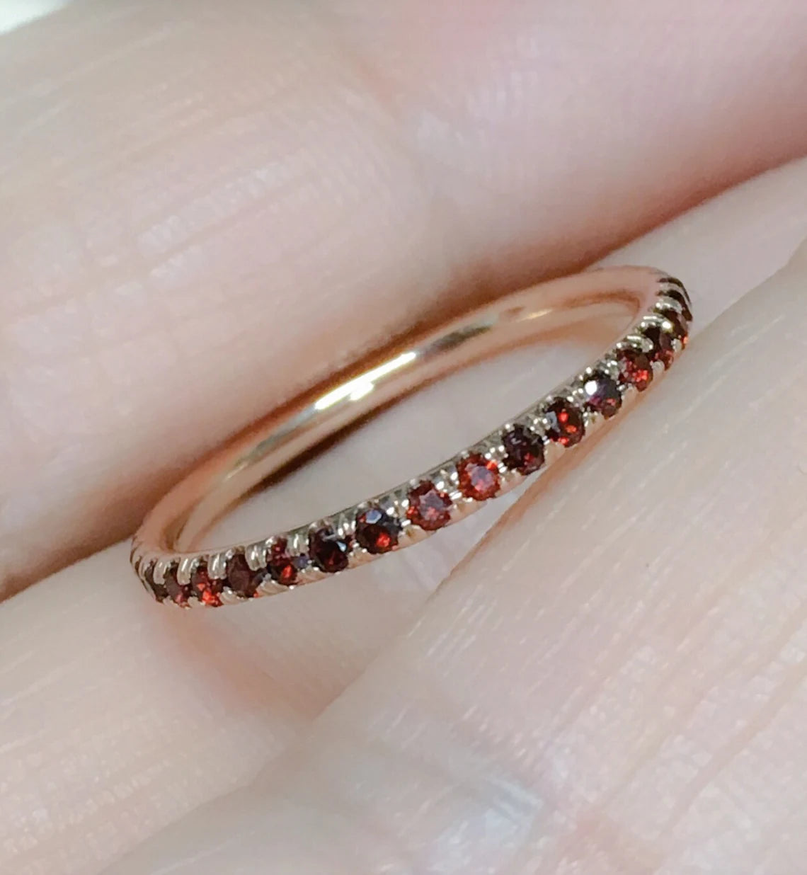 Garnet Eternity Stacking Ring: 1.5mm Pave Wedding Anniversary Band, January Birthstone Ring