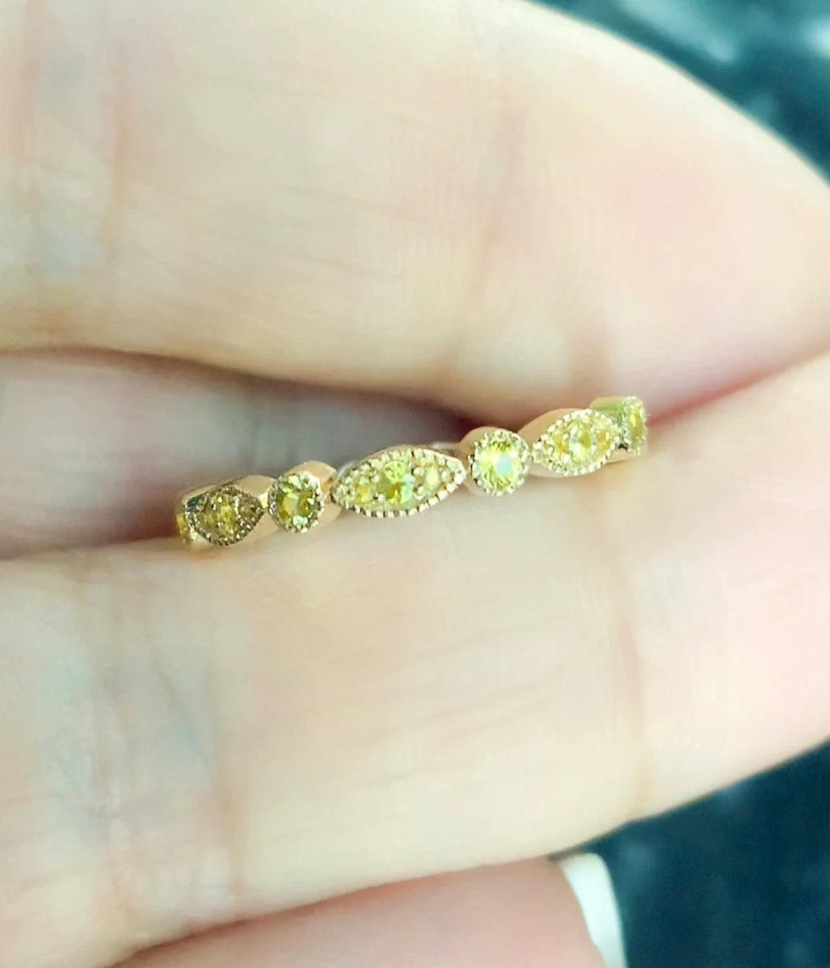 Marquise Dot Yellow Sapphire Band/ Art Deco Milgrain Bezel Yellow Sapphire Unique Stack Ring/ Sapphire Wedding, Birthstone, Anniversary Band