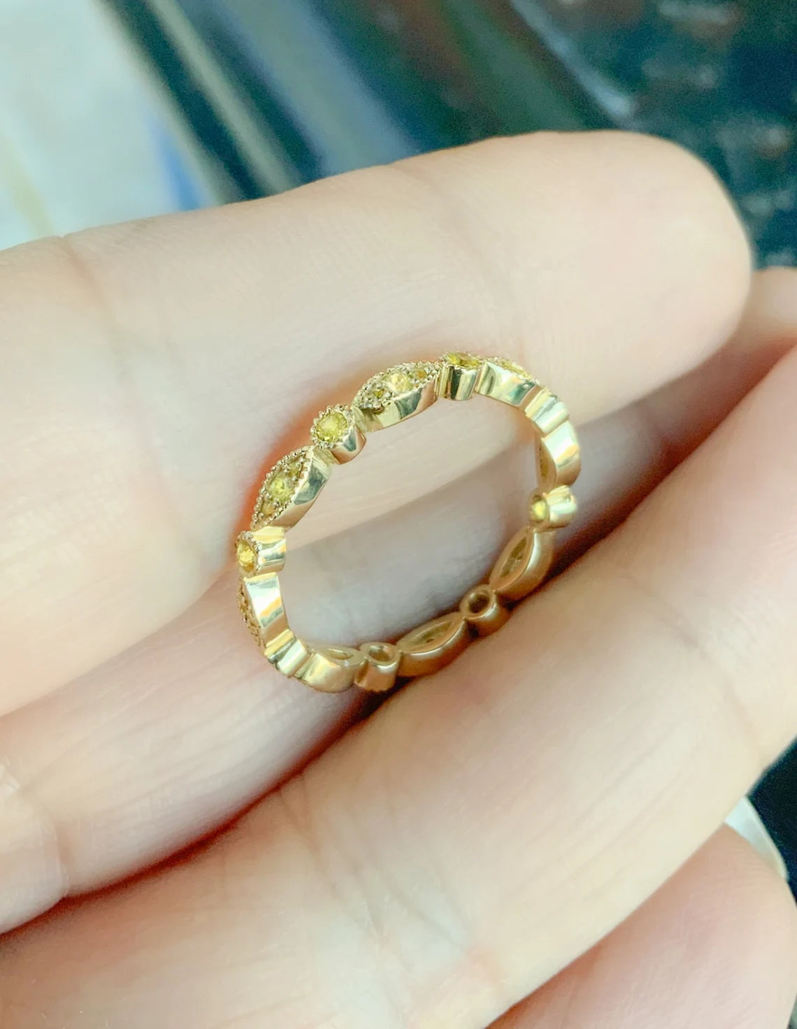 Marquise Dot Yellow Sapphire Band/ Art Deco Milgrain Bezel Yellow Sapphire Unique Stack Ring/ Sapphire Wedding, Birthstone, Anniversary Band